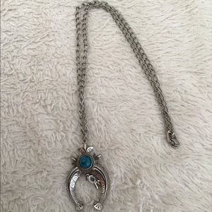 Squash Blossom Necklace Silver Tone Faux Turqoise